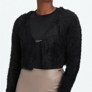 Fabletics NWT Mini Crop Cardigan Black Faux Fur Jacket Silver Metal Flame Clasp